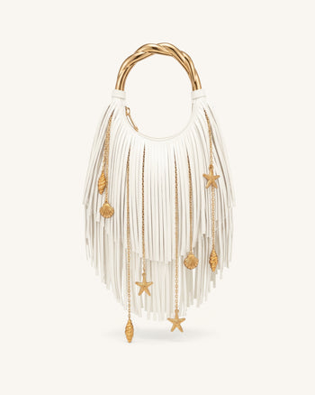 Chloe Sac à main à poignée en métal et franges - Blanc cassé