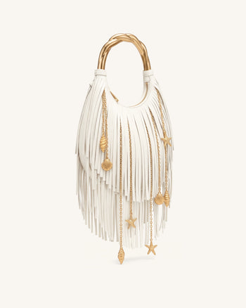 Chloe Sac à main à poignée en métal et franges - Blanc cassé