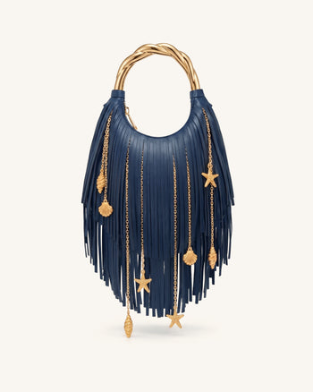 Chloe Sac à main à poignée en métal et franges - Bleu marine