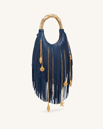 Chloe Sac à main à poignée en métal et franges - Bleu marine