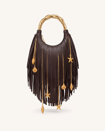 Chloe Sac à main à poignée en métal et franges - Marron foncé