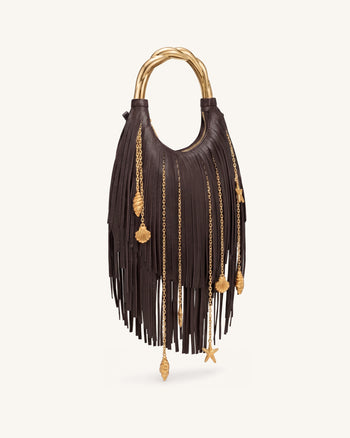 Chloe Sac à main à poignée en métal et franges - Marron foncé