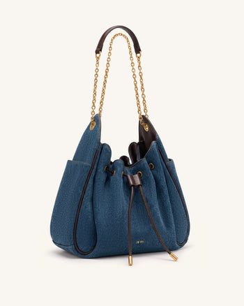 Rowan Sac seau à cordon de serrage froncé avec chaîne - Denim bleu foncé