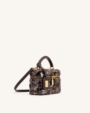 Cleo Sac à poignée supérieure en forme de boîte à sequins métallisés - Marron