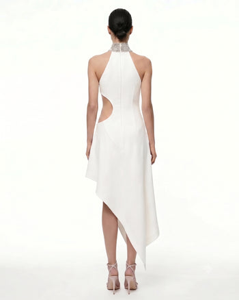 Robe à col montant ajourée avec ornements bijoux Floral - Blanc