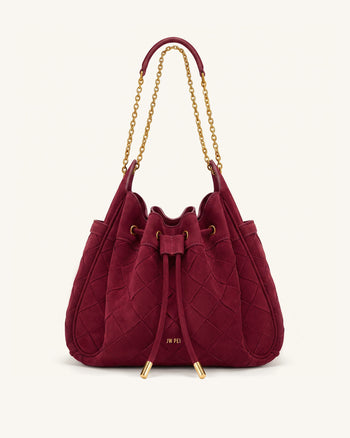 Rowan Sac seau à cordon de serrage froncé en faux daim tressé avec chaîne - Cerise foncé