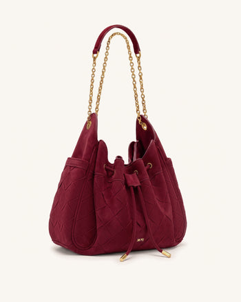 Rowan Sac seau à cordon de serrage froncé en faux daim tressé avec chaîne - Cerise foncé