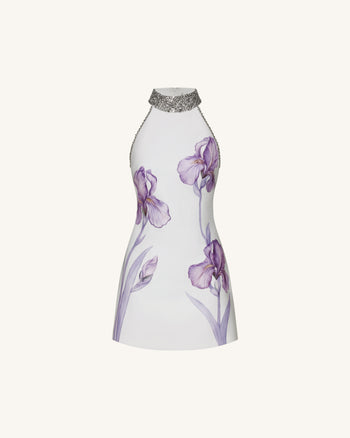 Robe dos nu à motif Iris ornée de bijoux - Blanc