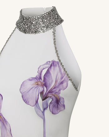 Robe dos nu à motif Iris ornée de bijoux - Blanc