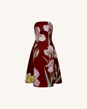 Robe trapèze bustier à imprimé floral Iris - Bordeaux