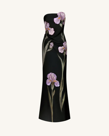 Iris Robe longue bustier à appliqués floraux - Noir