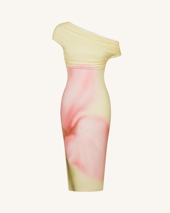 Robe midi asymétrique à une épaule à imprimé floral aquarelle - Jaune