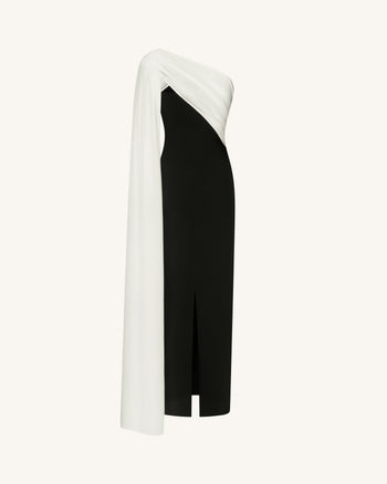 Robe longue drapée à une épaule - Noir et blanc