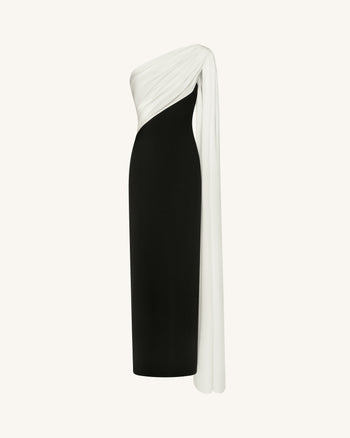 Robe longue drapée à une épaule - Noir et blanc