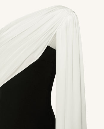 Robe longue drapée à une épaule - Noir et blanc