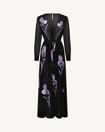 Robe longue transparente à manches longues et imprimé floral Iris - Noir/Violet