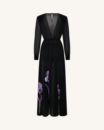 Robe longue transparente à manches longues et imprimé floral Iris - Noir/Violet