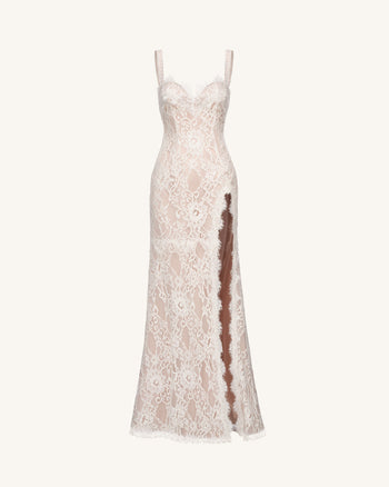 Robe Maxi en Dentelle à Fente - Blanc