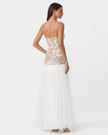Robe longue en tulle transparent à applications florales - Blanc