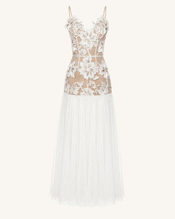 Robe longue en tulle transparent à applications florales - Blanc