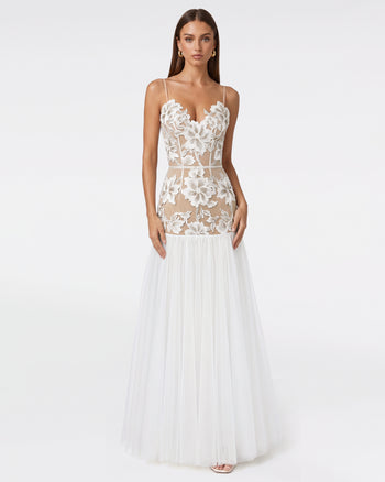 Robe longue en tulle transparent à applications florales - Blanc