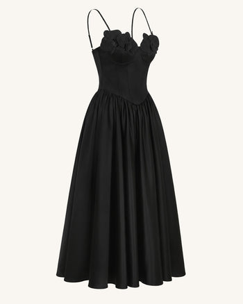 Robe longue corset à appliqué brodé orchidée - Noir