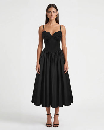 Robe longue corset à appliqué brodé orchidée - Noir