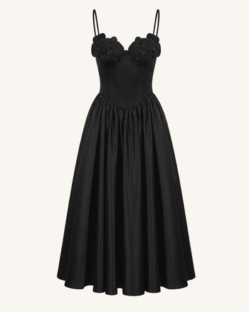 Robe longue corset à appliqué brodé orchidée - Noir