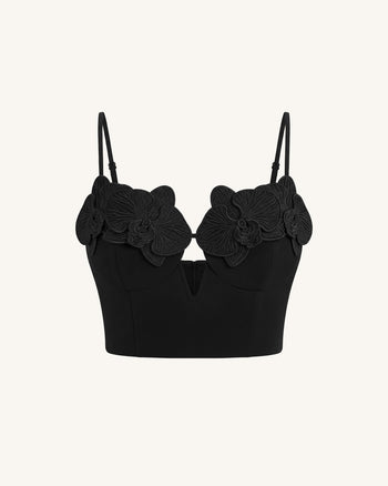 Haut bustier corset à appliqué brodé orchidée - Noir