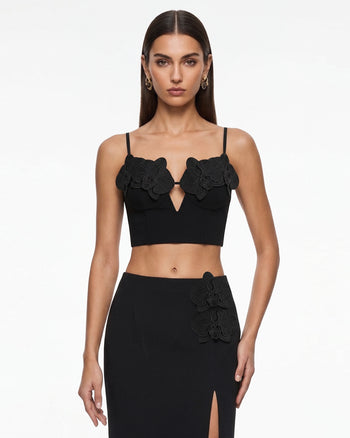 Haut bustier corset à appliqué brodé orchidée - Noir