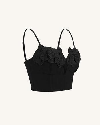 Haut bustier corset à appliqué brodé orchidée - Noir