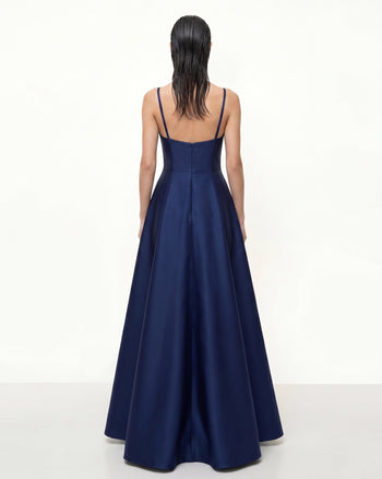 Iris Robe longue trapèze brodée - Bleu marine