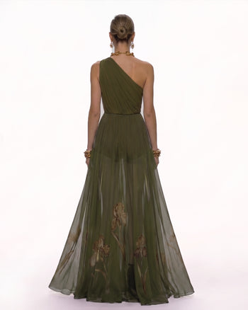 Robe longue fleurie à une épaule - Vert olive