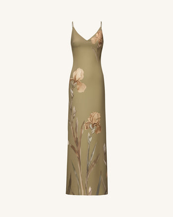 Iris Robe nuisette en satin à motifs - Vert olive