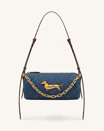 Lucienne Sac à bandoulière matelassé à chaîne motif teckel - Jean bleu