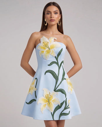 Lily Mini robe trapèze bustier à imprimé floral - Bleu clair