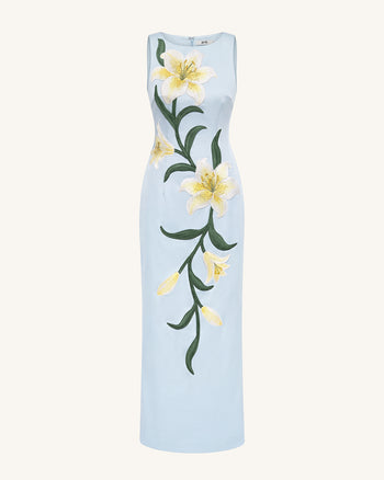 Lily Robe longue colonne sans manches à imprimé floral - Bleu clair