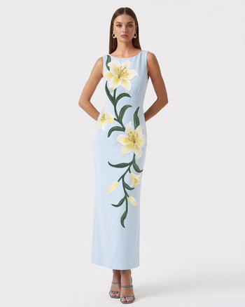Lily Robe longue colonne sans manches à imprimé floral - Bleu clair