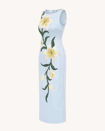 Lily Robe longue colonne sans manches à imprimé floral - Bleu clair