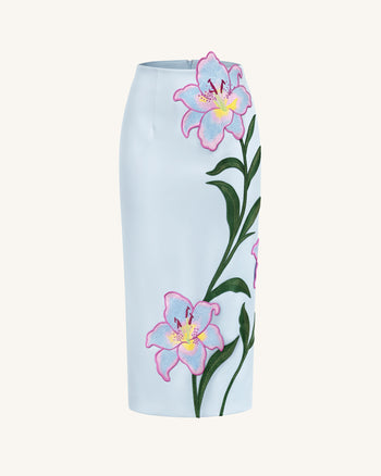 Lily Jupe crayon mi-longue taille haute brodée de fleurs - Bleu clair