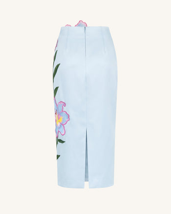 Lily Jupe crayon mi-longue taille haute brodée de fleurs - Bleu clair