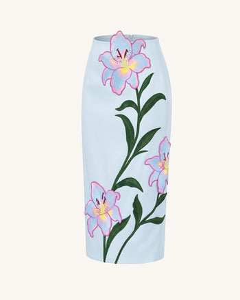 Lily Jupe crayon mi-longue taille haute brodée de fleurs - Bleu clair