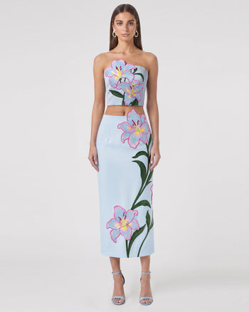 Lily Jupe crayon mi-longue taille haute brodée de fleurs - Bleu clair