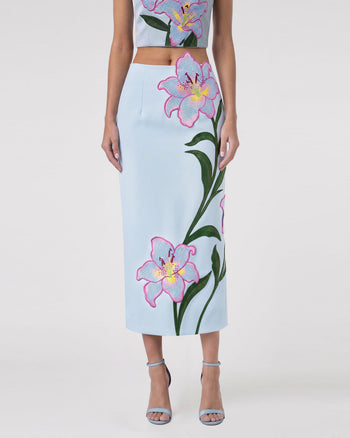 Lily Jupe crayon mi-longue taille haute brodée de fleurs - Bleu clair