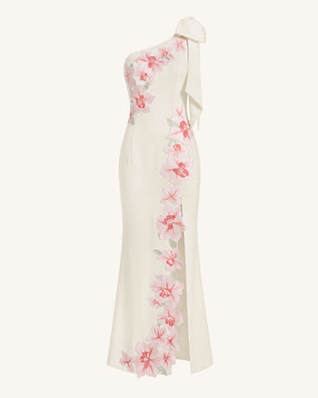 Robe longue asymétrique à fleurs brodées - Ivoire