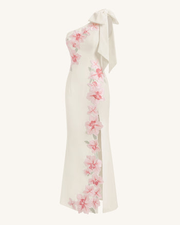 Robe longue asymétrique à fleurs brodées - Ivoire