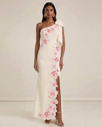Robe longue asymétrique à fleurs brodées - Ivoire