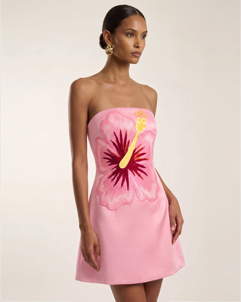 Robe courte bandeau brodée d'hibiscus - Rose