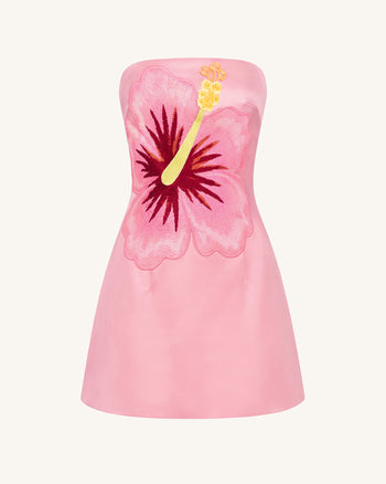 Robe courte bandeau brodée d'hibiscus - Rose