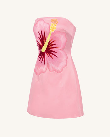 Robe courte bandeau brodée d'hibiscus - Rose